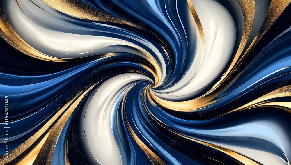 Poster swirling abstract design with gold accents and deep blue tones creating a dynamic visual effect