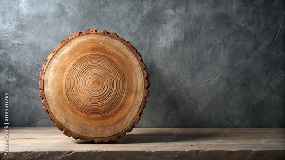 Leinwandbilder rustic wooden tree slice on a weathered wood surface against a dark textured background, ideal for p