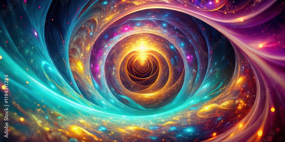 Poster Abstract cosmic swirl with vibrant nebulae and a heart-shaped core creating a mesmerizing tunnel of light and color