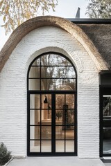 Fototapeta premium Elegant modern entrance featuring arched design and natural elements in a tranquil setting surrounded by trees and greenery during daylight