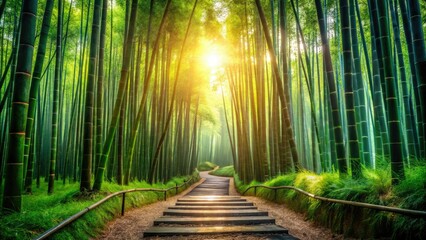Fototapeta premium Sun-dappled path winds through a serene bamboo forest, a peaceful Asian Zen garden.
