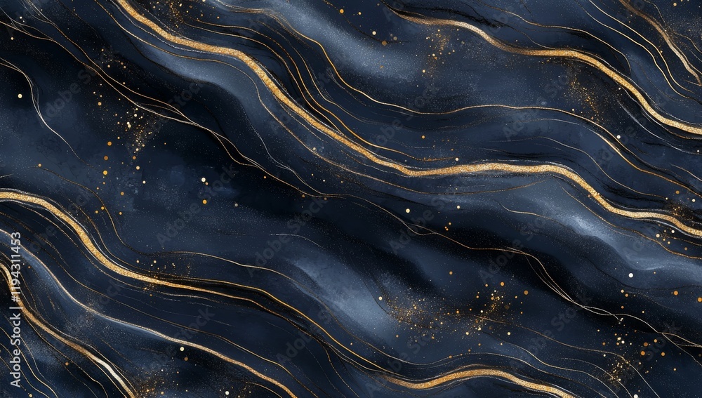 Poster abstract blue and gold fluid design with swirling patterns and glittering accents creating a luxurio