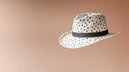 White polka dot hat with black ribbon on beige background