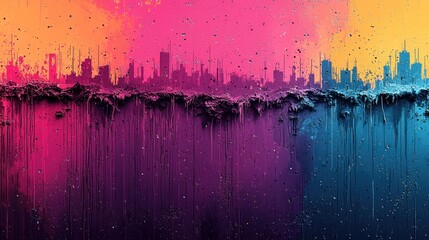 Vibrant abstract cityscape with dripping paint in pink, orange, and blue hues, evoking urban energy