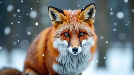 Obraz premium Red fox portrait winter scene snowflakes falling close