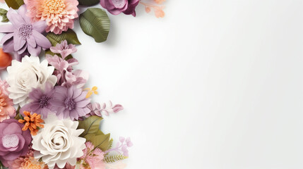 Blue peach and white flowers on taupe background with diffused sunlight Photorealistic of a cute flower corner frame on white background with roses


