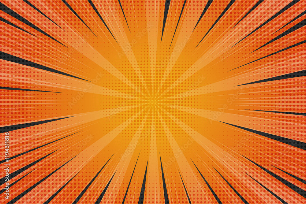 Poster pop art background with starburst rays of light and halftone effect. abstract vector radial explosio