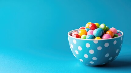 Colorful candies in polka dot bowl on vibrant blue background