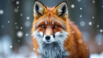 Obraz premium Red fox portrait winter scene snowflakes falling close