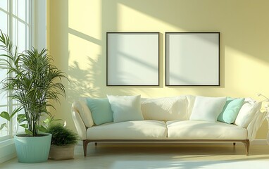 Sunny living room, beige sofa, two frames, plant, interior design, home decor