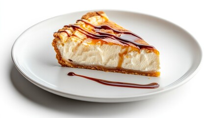 Slice of creamy cheesecake drizzled with caramel on white plate