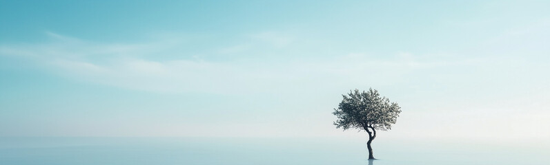 Obraz premium Solitary Tree in a Vast Sky: A single tree stands tall against a backdrop of a vast blue sky, evoking a sense of solitude and serenity. Its branches reach up towards the heavens.