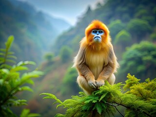 Obraz premium Tilt-shift artistry reveals China's endangered golden snub-nosed monkeys within the majestic Qinling Mountains.