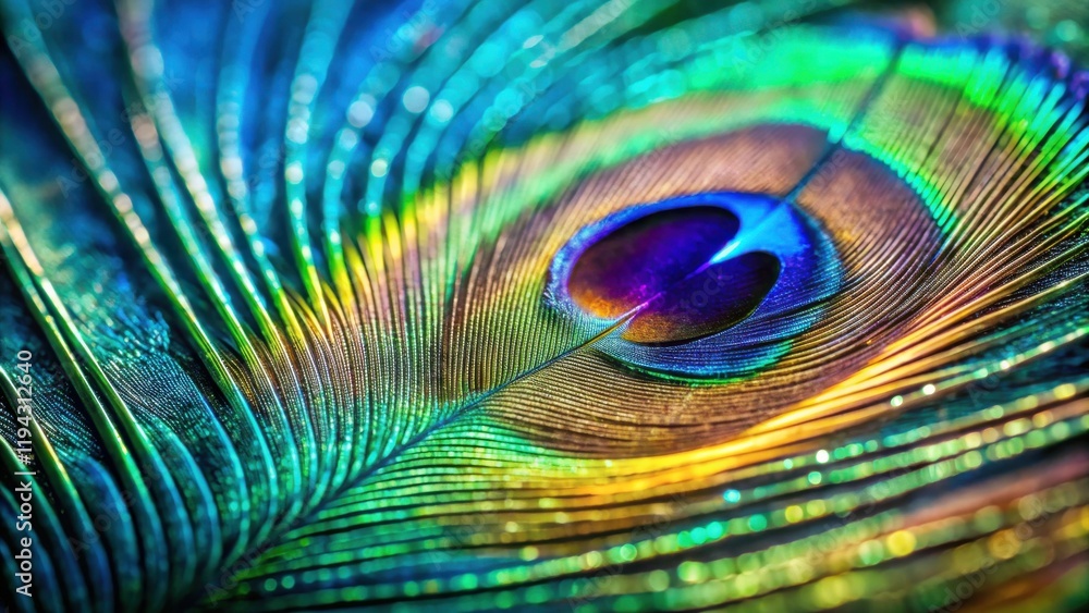 Poster Close-up view of a vibrant iridescent feather, showcasing intricate details and a spectrum of colors