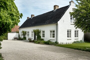 Nestled in a serene rural landscape, this charming white cottage boasts a picturesque gravel driveway, all framed by lush greenery on a bright, clear day