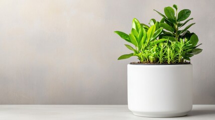 Potted indoor plants in white ceramic pot against gray background