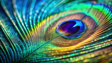 Obraz premium Close-up view of a vibrant iridescent feather, showcasing intricate details and a spectrum of colors