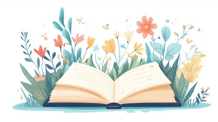 Open book surrounded by colorful flowers and greenery