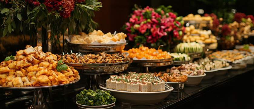 Lavish Buffet Spread: A luxurious buffet table laden with an array of delectable appetizers, gourmet dishes, and vibrant floral arrangements, perfect for a wedding, corporate event.