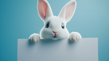 Obraz premium Curious Bunny Holds Blank Sign: A fluffy white bunny rabbit with large, inquisitive ears peeks over a blank white sign, offering a space for your message. Its adorable.