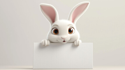 Adorable Bunny with Blank Sign: A charming, cartoon-style white rabbit with big, expressive eyes peeks over a blank white sign, perfect for adding your own message.  