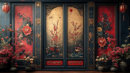 Elegant New Year Couplets with elaborate gold and red patterns on a bold black background showcasing rich festive designs