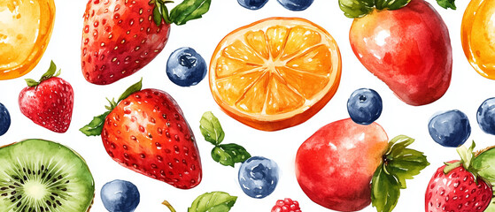 Summer Fruit Watercolor Seamless Pattern:  A vibrant and refreshing watercolor illustration of a seamless pattern featuring an assortment of juicy summer fruits.