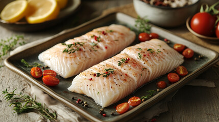 Seasoned Cod fillets with Herbs: Two succulent cod fillets, seasoned with herbs and spices, rest on a rustic tray alongside cherry tomatoes and sprigs of rosemary.