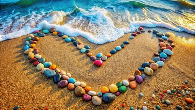 Ocean wave washes gently over a heart-shaped arrangement of colorful pebbles on a sandy beach at sunset