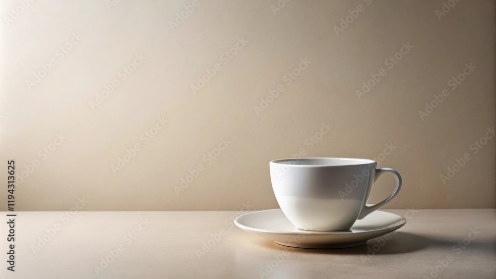 Poster a simple white teacup on a saucer rests on a neutral-toned surface