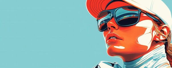 Dynamic illustration of a confident female racing driver in sunglasses