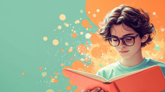 Young reader immersed in a colorful book illustration