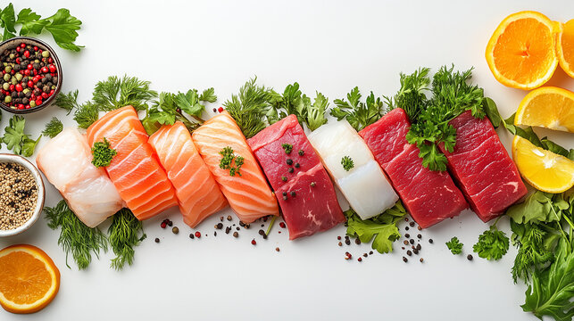 Seafood Extravaganza: A vibrant array of fresh seafood – salmon, tuna, cod, and more – artfully arranged with herbs, spices, and citrus slices.  A feast for the eyes, promising culinary delights.
