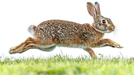 Naklejka premium Rabbit Leaping Across a Grassy Field with a Clear Sky Background - Perfect for Nature and Wildlife Themes
