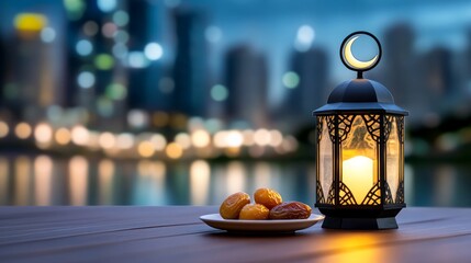Lantern topped with a crescent moon symbol alongside a plate of dates set against a night sky and city bokeh lights celebrating Ramadan Kareem