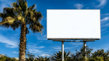 Athletics Against the backdrop of the blue sky, a large white blank billboard or white promotion poster is displayed outdoors. Details and promotions for marketing announcements