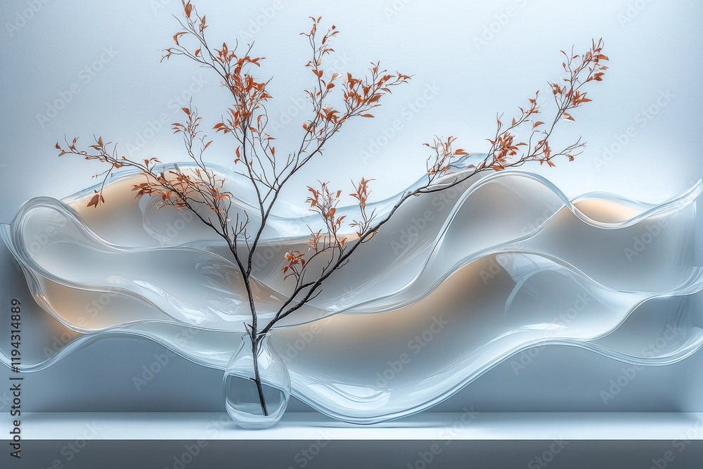 Aufkleber minimalist abstract composition with tree and layered white waves