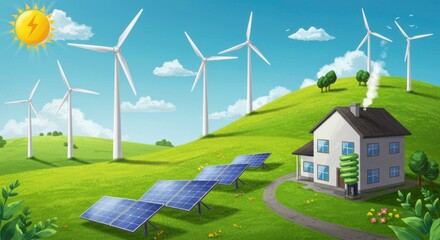 Sustainable Home Energy: A charming house nestled on a verdant hillside, powered by clean energy from solar panels and wind turbines, embodying eco-friendly living. 