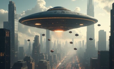 Futuristic city with UFOs hovering above