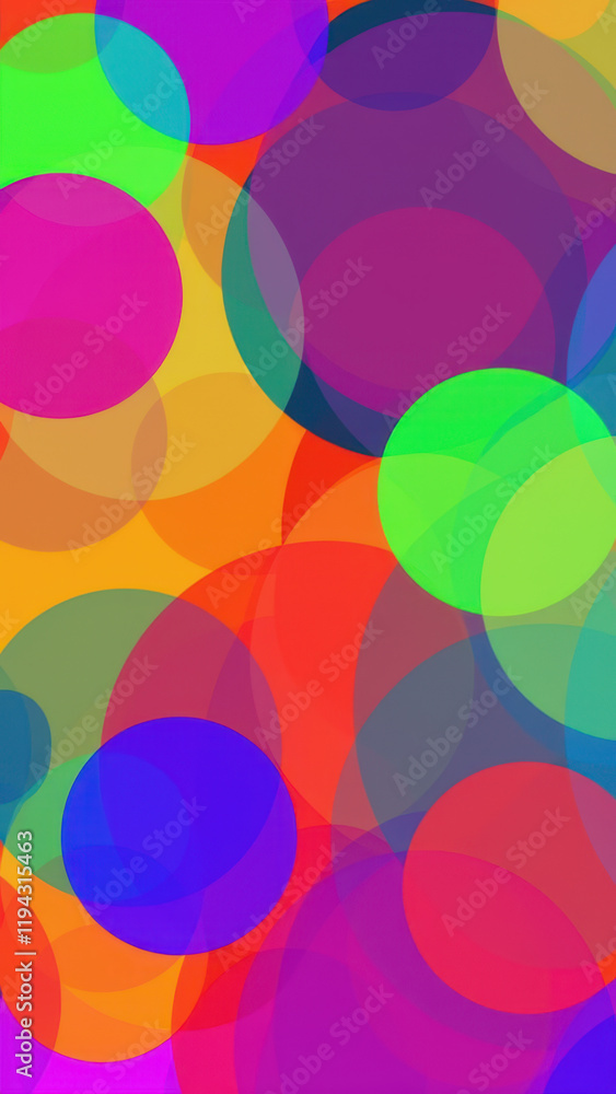 Poster vibrant abstract circular patterns on a light grey base.