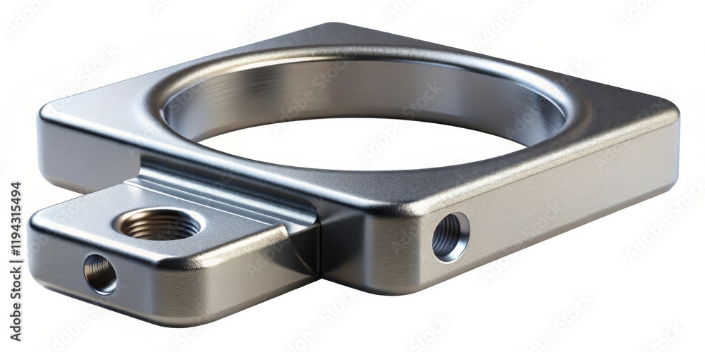 Poster close-up of a brushed metal component with a square frame and threaded inserts
