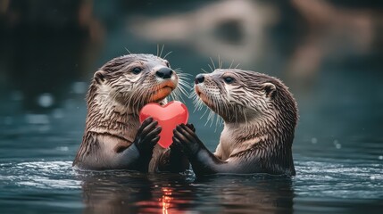 Playful otters sharing a heart in tranquil water nature scene adorable wildlife view