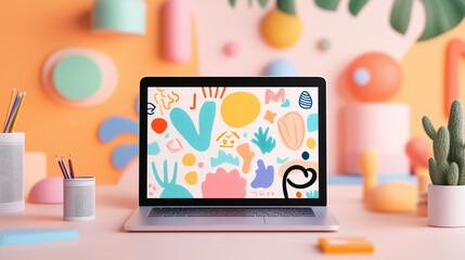 Creative workspace with colorful abstract laptop design