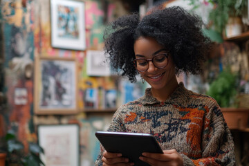 A woman with glasses is seated at a cafe table, focused on using her tablet. The cozy cafe setting includes a cup of coffee and a plant in the background.