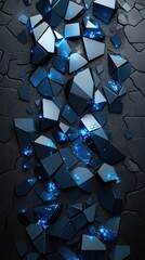 Abstract blue geometric shapes with glowing particles on black