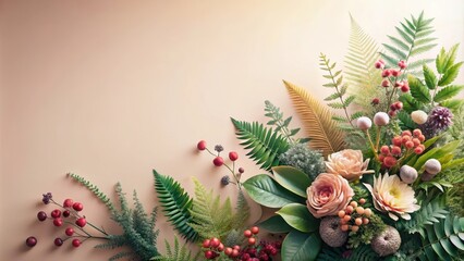 A Peaceful Arrangement of Faux Botanicals on a Neutral Background Featuring Delicate Roses, Lush Ferns, and Berries in Earthy Tones