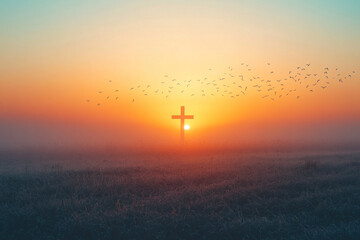 Cross in fog at sunrise, symbol in the mist, serene and ethereal with the sun's gentle glow enveloping the scene.