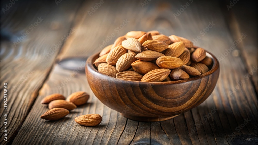 Poster a wooden bowl overflowing with a healthy heap of nutritious almonds rests on a rustic wooden surface