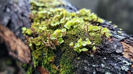 Moss and lichen growing on a decaying log in a forest. Use Nature background