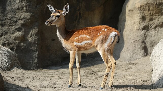 A graceful young antelope stands on sandy ground near rocky formations.